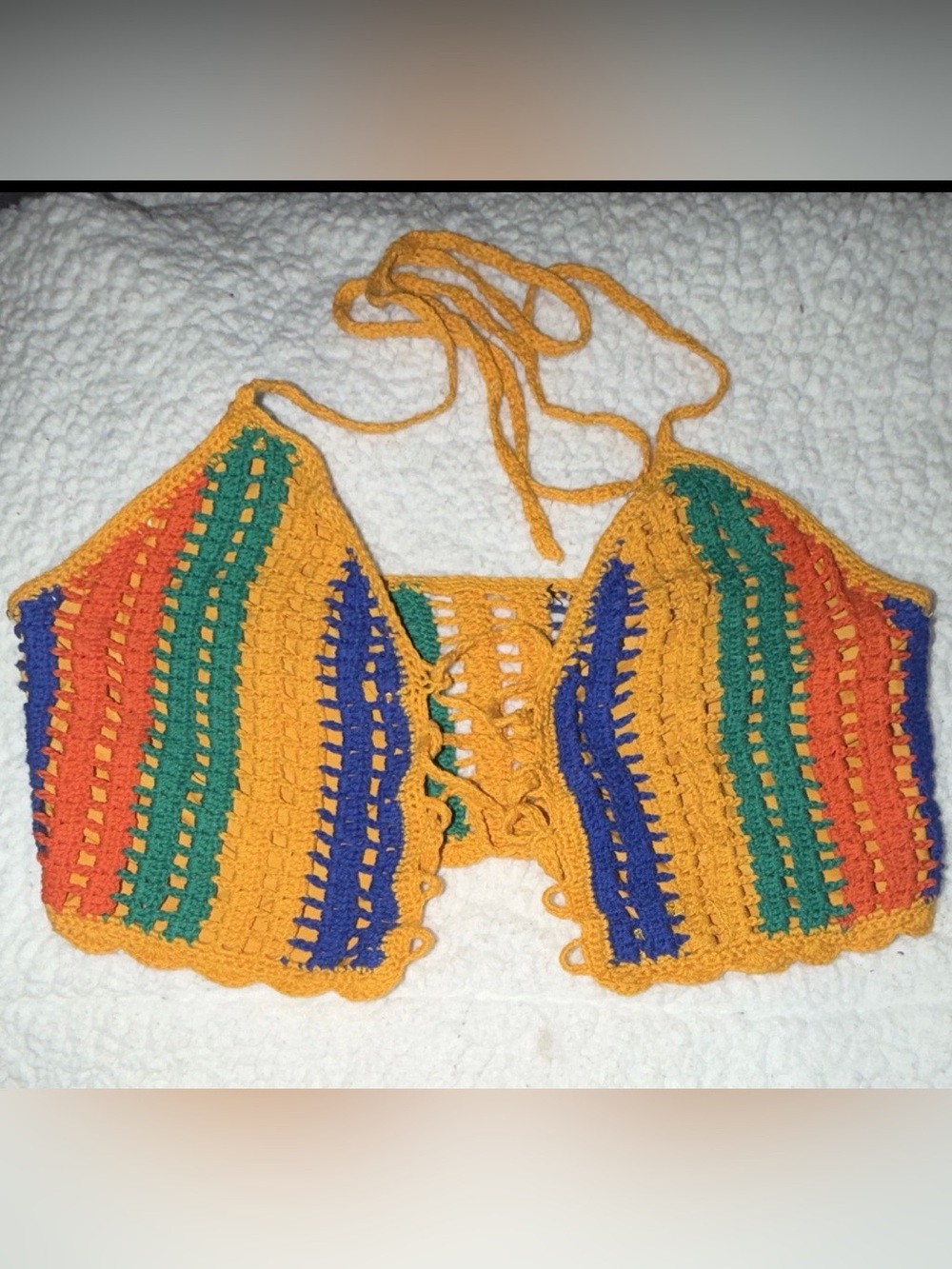 Crochet Halter Top in Mustard with Green, Blue & Orange Stripes size small